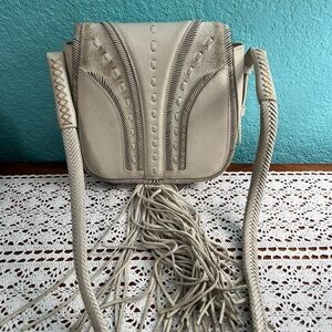 SCHUTZ Cream Leather Fringe Crossbody Bag